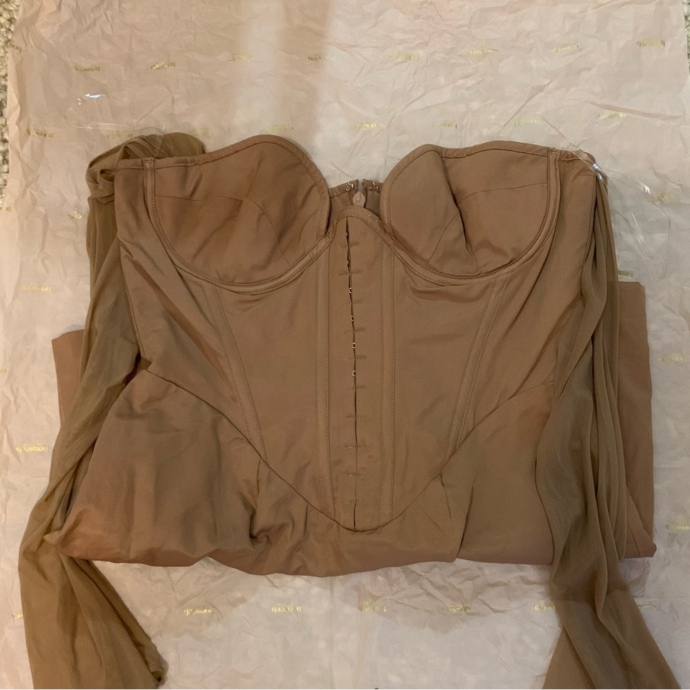 House of CB Mayara Mocha Mesh Structured Corset Mini Dress - Picture 14 of 16